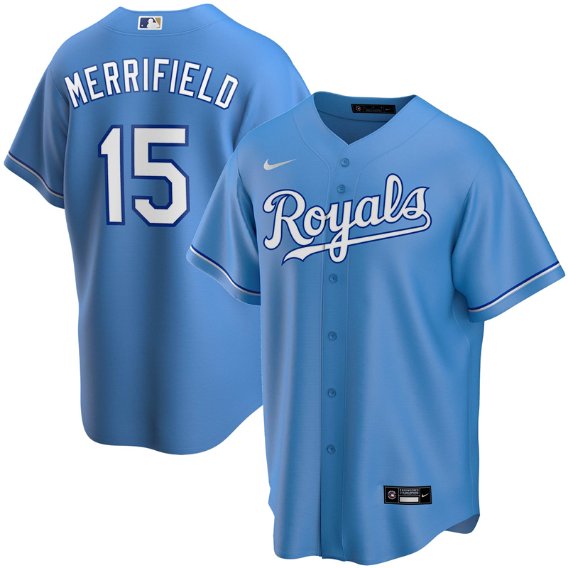 2020 MLB Men Kansas City Royals 15 Whit Merrifield Nike Light Blue Alternate 2020 Replica Player Jersey 1